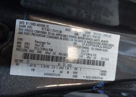 2018 Ford Focus Se z USA, uszkodzony, nr VIN 1FADP3K2XJL300227